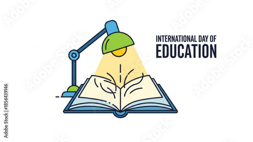 International day of education, green lamp on open book, learning concept, study, knowledge, literacy, education day, awareness, academic, school, college, university