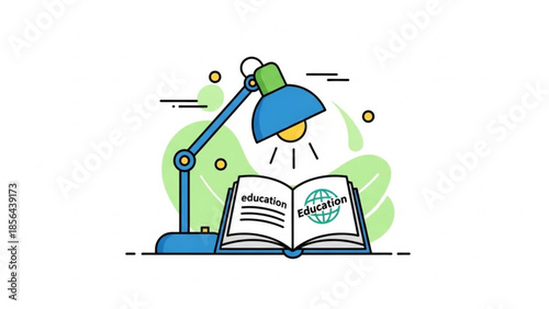 A blue desk lamp shining on an open book with the word education and a green globe on the page