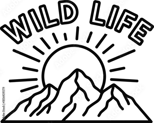 Mountain sun landscape vector illustration with Wild Life text for nature and camping themes on a transparent background.