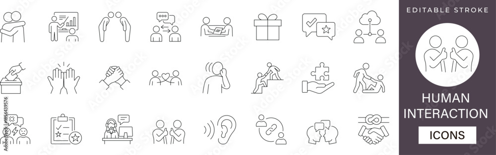 Fototapeta premium Human interaction line icon set: people social connection, teamwork, and communication symbols. Perfect for web, apps, and modern digital marketing. Editable vector set.