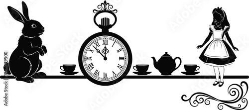 Alice, wonderland, silhouette, illustration, rabbit, pocket, watch, tea, party, fantasy, fairytale, clock, vintage, story, concept, black, white, decorative, art, design