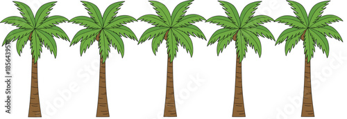 Tropical palm tree vector illustration set featuring five identical green coconut trees with brown trunks isolated on white background for summer beach vacation design