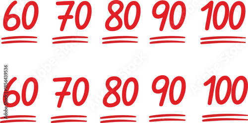 Handwritten exam score numbers illustration featuring red marked grades sixty to one hundred with underline for education concepts