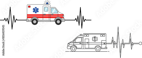 Ambulance with heartbeat line illustration showing emergency medical service concept, healthcare rescue vehicle graphic ideal for medical designs, icons and posters