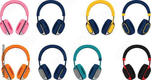 Colorful headphones illustration set featuring modern over ear audio headsets for music, gaming, podcast, and media listening