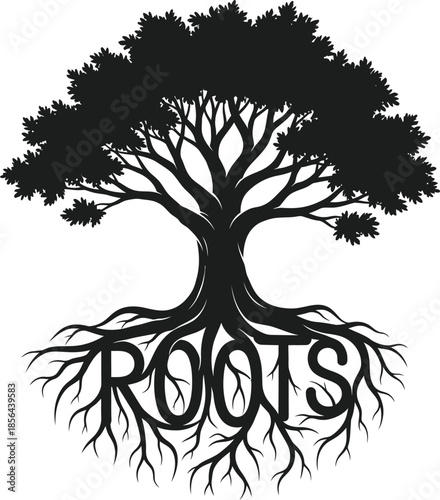 Old oak tree silhouette vector illustration with Roots text for nature and genealogy designs on a transparent background.