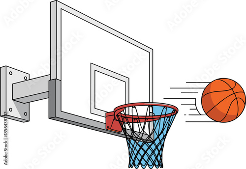 Basketball flying toward hoop with backboard illustration, sports action vector showing scoring attempt, dynamic movement and athletic game concept