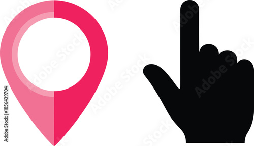 Location pin and hand pointer icon set representing navigation, map interaction, touch interface, selection, and user action concepts