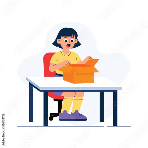 A modern flat illustration of product unboxing scene