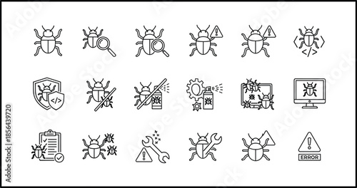 Cyber security bug icons vector illustration set with malware, virus, hacking, error and warning symbols, black line software protection elements for web, system security design