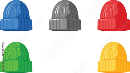 Colorful beanie hat illustration set featuring knitted winter caps for fashion, cold weather clothing, and casual style design