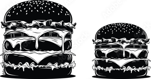 Black and white dripping cheeseburger illustration featuring detailed layers of cheese lettuce and patties in bold graphic fast food artwork