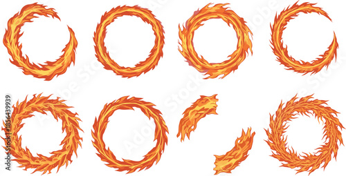 Burning fire ring flame circle elements for energy magic effect design, hot fiery swirl frames, explosion swirl illustration set