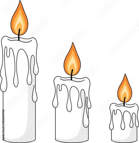 Burning wax candles with melting drips in three sizes, warm flame illustration, decorative candlelight vector design on white background