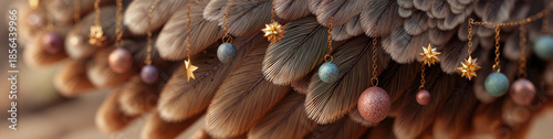 Detailed 3D CG render of a turkey's fanned tail feathers decorated with tiny festive Christmas ornaments and stars, whimsical holiday background, macro close-up view.