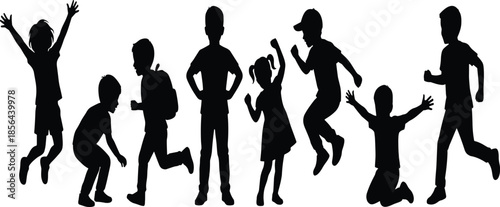 Large set of black silhouettes featuring happy people jumping, dancing, celebrating, and performing various athletic action poses on white background.