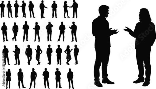 Business people silhouettes, professional conversation poses, teamwork communication concept, corporate discussion figures, office interaction, negotiation scenes, leadership dialogue illustration