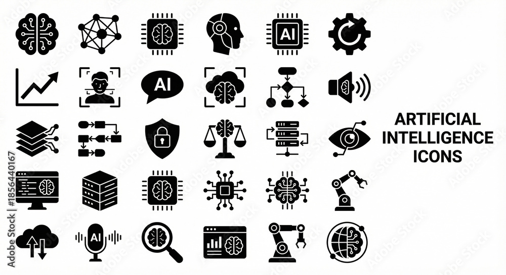 Obraz premium Artificial Intelligence Icons Set Technology, Machine Learning, Data and Innovation Symbols