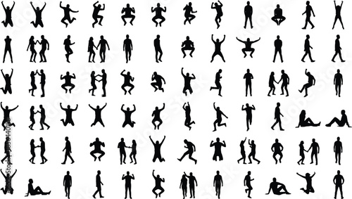 Large set of black silhouettes featuring people jumping, celebrating, couples holding hands, individuals sitting, and various active poses, isolated, white.