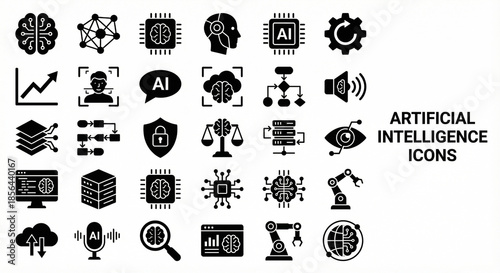 Artificial Intelligence Icons Set Technology, Machine Learning, Data and Innovation Symbols