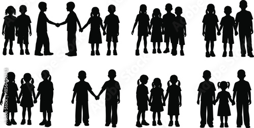 Children, silhouette, group, unity, friendship, interaction, black, white, pose, holding hands, social, play, concept, design, graphic, minimal, emotion, together, illustration, bonding