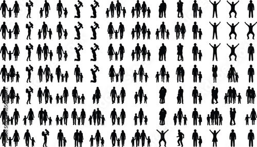 Large, collection, of, diverse, people, silhouettes, featuring, families, with, children, men, women, standing, walking, waving, jumping, and, inclusive, lifestyle, vector, set