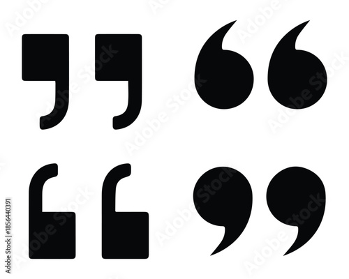 Set of four quotation mark icons, punctuation symbols, typography elements, communication, dialogue, text quotation marks, quotes, punctuation, symbol, icon, typography, text, communication, dialogue