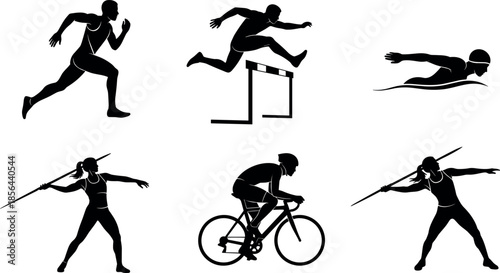 Athletic sports silhouettes collection featuring running hurdling swimming cycling javelin throwing dynamic black athlete action poses vector illustration