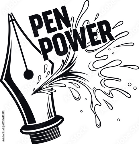 Vintage fountain pen tip vector illustration with Pen Power text for writers and literature education designs on a transparent background.