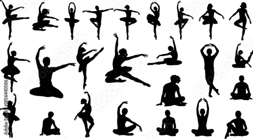 Ballet dancer silhouette collection showing graceful dance poses movement flexibility and artistic performance isolated on white background vector
