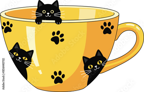 Cute black cats peeking from yellow cup with paw print design, adorable pet illustration for playful cat lover artwork and merchandise