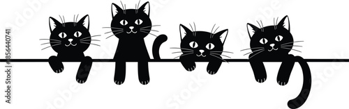 Cute black cats sitting on a line in playful poses, adorable kitten illustration perfect for pet designs, decoration, stickers and prints