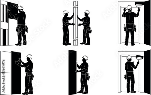 Black silhouette of construction workers installing wall panels and painting in renovation scene – flavector