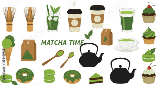 Green matcha tea vector illustration set with bamboo whisk teapot cup latte ice cream donut macaron cupcake cake and tea bag isolated on white background