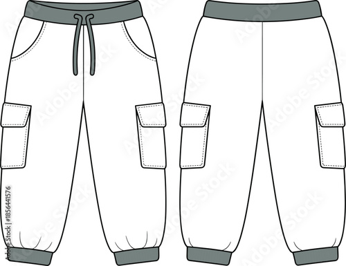 Cargo jogger pants technical sketch, front and back view, elastic waistband trousers, casual streetwear fashion cad drawing, flat vector illustration
