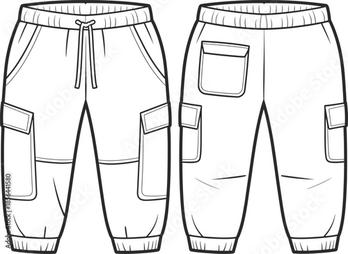 Cargo jogger pants technical flat vector illustration, front and back view, casual streetwear trousers design template, fashion apparel outline drawing