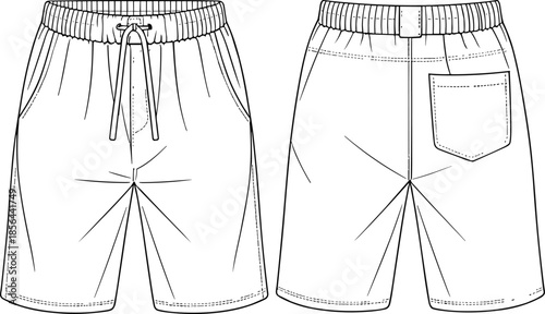 Men casual shorts, cad drawing, flat vector illustration, front back view, elastic waistband, drawstring pocket, technical fashion template design apparel