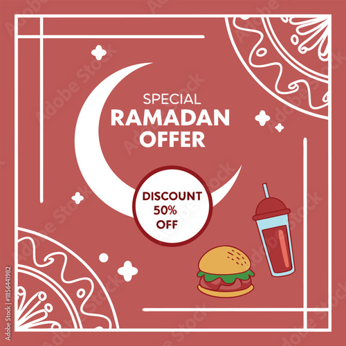 Print Vibrant ramadan fast food sale promotion with tempting offers and mosque illustration