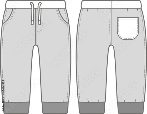 Men jogger trousers, cad drawing, flat vector illustration, front back view, elastic waistband, drawstring pocket, cuffed hem fashion design