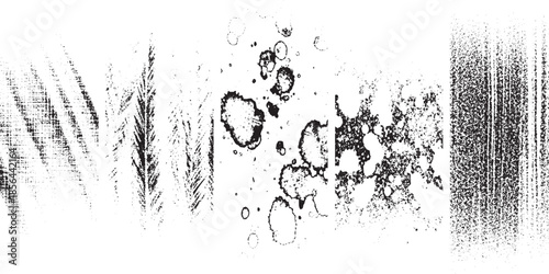 Abstract black and white grunge texture with various patterns.