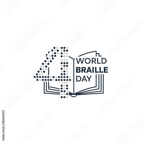 World Braille Day celebration icon number 4 with dots and open book vector graphic for awareness and education