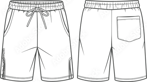 Men sports shorts, cad drawing, flat vector illustration, front back view, elastic waistband, drawstring pocket, technical fashion apparel design