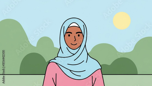 Young Muslim woman wearing a light blue hijab smiling in a park with green hills and sun flat illustration style