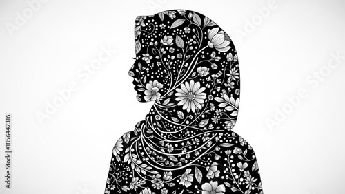 Silhouette of a woman in hijab filled with floral patterns representing nature and beauty isolated on white background