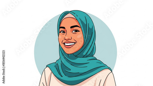 Smiling Muslim woman wearing a teal hijab illustration for diversity and culture concepts isolated on white background