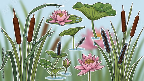 Collection of water plants and lotus flowers detailed illustration of pond flora with dew drops perfect for nature and wellness desig
