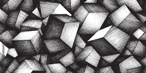 Abstract geometric pattern with shaded cubes and polyhedrons in black and white.