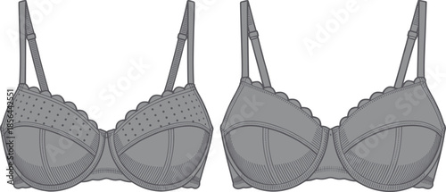 Women lingerie bra technical flat vector CAD drawing front view dotted fabric fashion underwear garment outline illustration design
