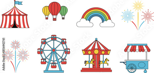 Amusement park carnival vector icon set featuring circus tent ferris wheel carousel hot air balloons rainbow fireworks and food cart on white background