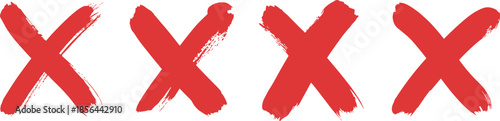 Red hand drawn cross marks vector illustration set with grunge brush X symbols, bold paint strokes for error, cancel, delete, rejection design concepts